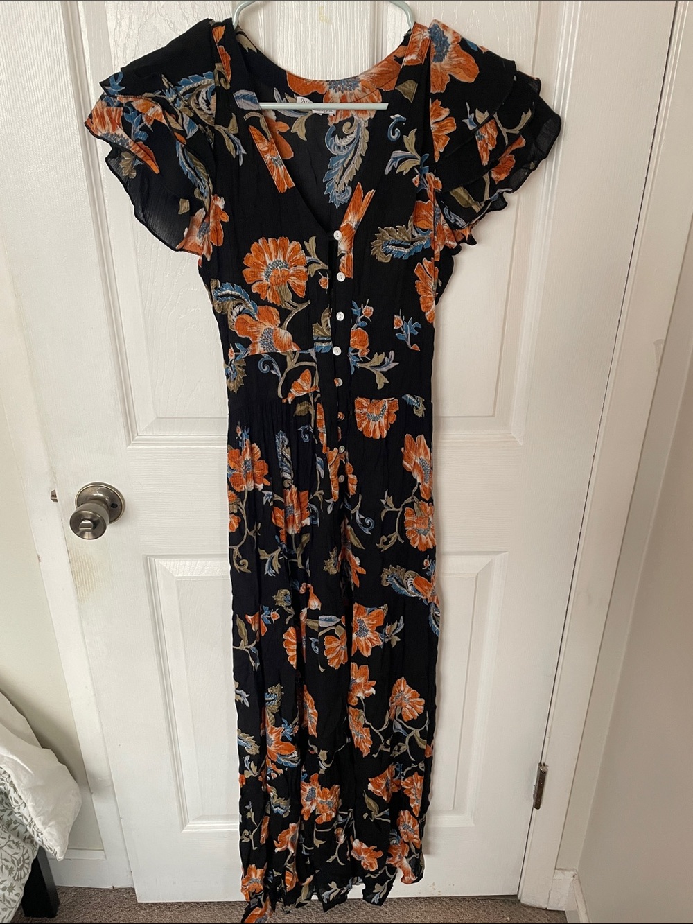 Patrons of Peace Black Maxi Dress with Orange Floral Print